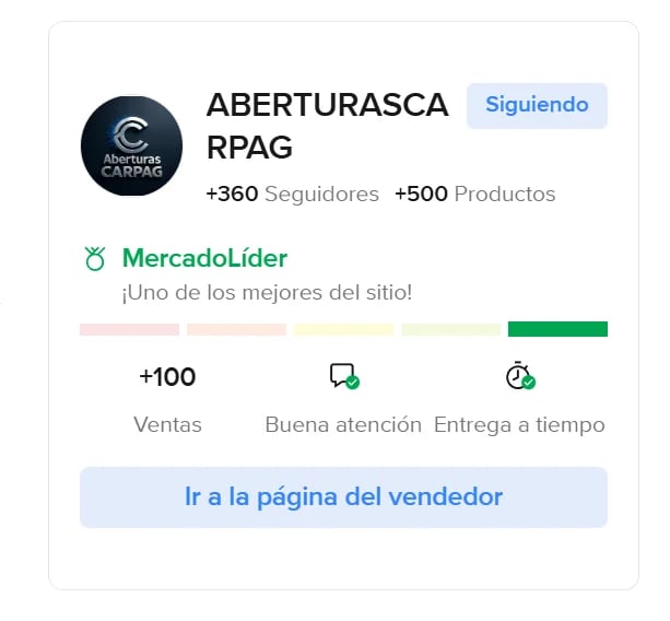 ABERTURASCA RPAG seller profile on MercadoLider showing ratings for sales, customer service, and on-time delivery