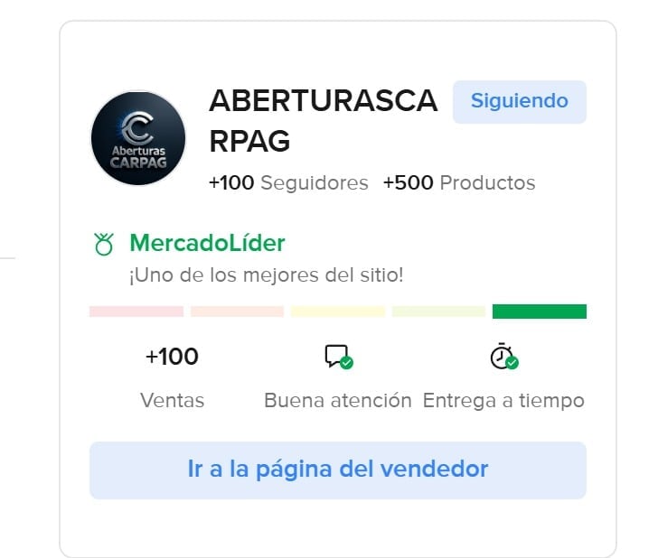 ABERTURASCA RPAG MercadoLider seller profile with 100+ followers, 500+ products, high sales and on-time delivery ratings