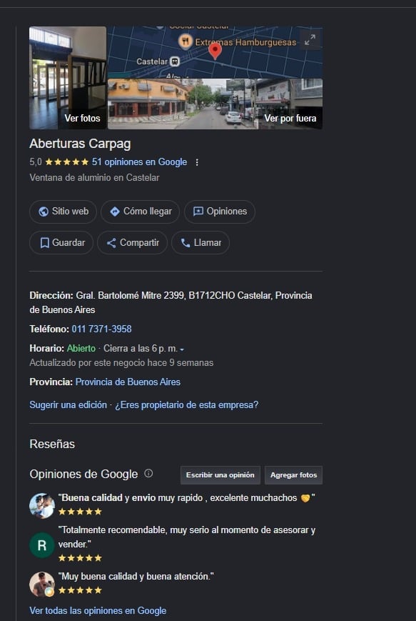 Google Business listing for Aberturas Carpag, an aluminum window shop in Castellar with 5-star rating and customer reviews