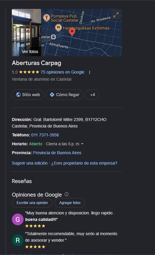 Google Business listing for Aberturas Carpag, an aluminum window shop in Castelar, Buenos Aires with 5-star ratings and contact information