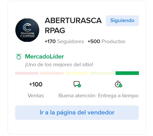Merchant profile card for Aberturasca RPAG on MercadoLider showing 170 followers, 500 products, 100+ sales, and positive ratings for service and delivery