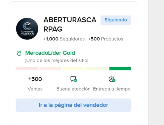 ABERTURASCA RPAG store profile on MercadoLider Gold showing 1000 followers, 500 products, ratings, and vendor information