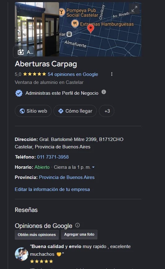 Google Business listing for Aberturas Carpag, an aluminum window shop in Castelar, Buenos Aires, showing 5-star rating and location map