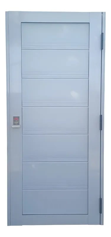 Light blue modern interior door with seven frosted glass horizontal panels and metal handle