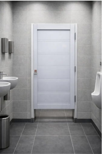 Modern bathroom with white horizontal-lined door, gray tile flooring and walls, sink, toilet, and stainless steel trash bin