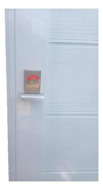 White louvered door with silver handle and red card key lock mechanism