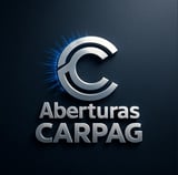 Aberturas CARPAG logo featuring a stylized silver C with blue light rays on dark background
