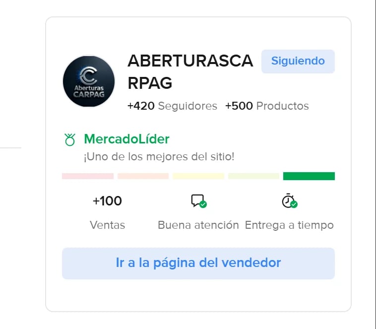 Vendor profile for ABERTURASCA RPAG on MercadoLider showing 420 followers, 500+ products, 100 sales, good service rating, and on-time delivery
