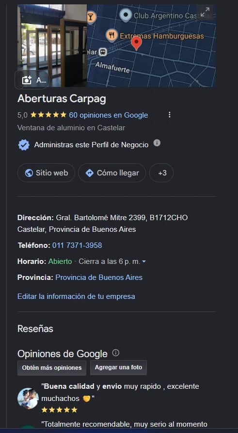 Google Business profile for Aberturas Carpag, aluminum window shop in Castelar, Buenos Aires, showing 5-star rating and customer reviews