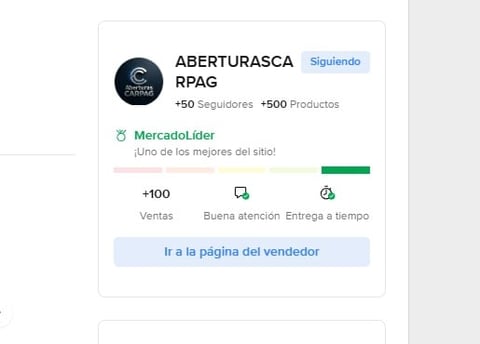 Seller profile for ABERTURASCA RPAG on MercadoLíder showing 50 followers, 500+ products, and 100+ sales with delivery information