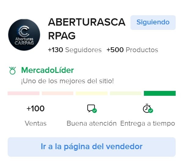 ABERTURASCA RPAG seller profile with 130 followers, 500 products, MercadoLider badge, and 100+ sales rating