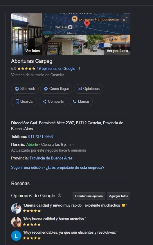 Google Business listing for Aberturas Carpag, an aluminum window shop in Castelar, Buenos Aires with 5-star ratings