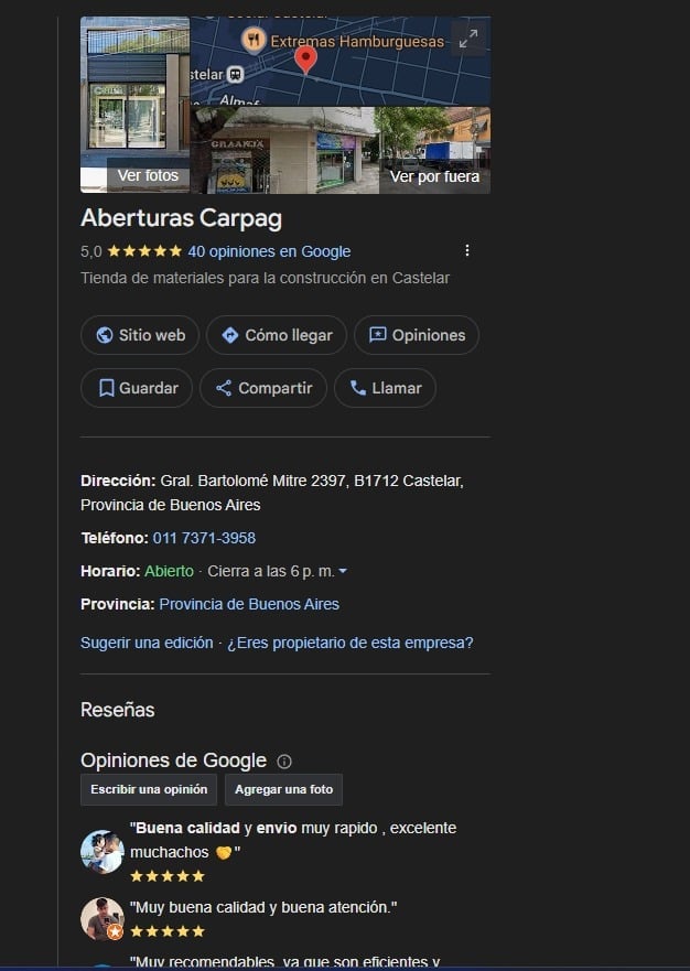 Google Business listing for Aberturas Carpag, a construction materials store in Castelar, Argentina, showing 5-star rating and customer reviews